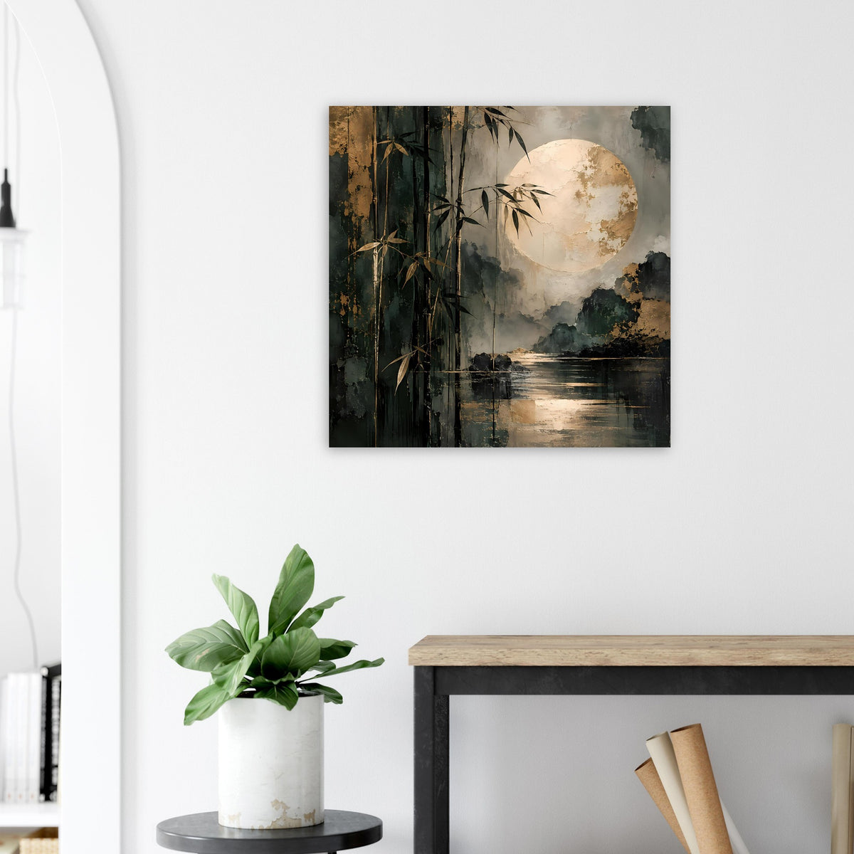 Gerahmtes Poster mit Bambuslandschaft, Mondlicht über ruhigem Wasser in Dunkelgrün