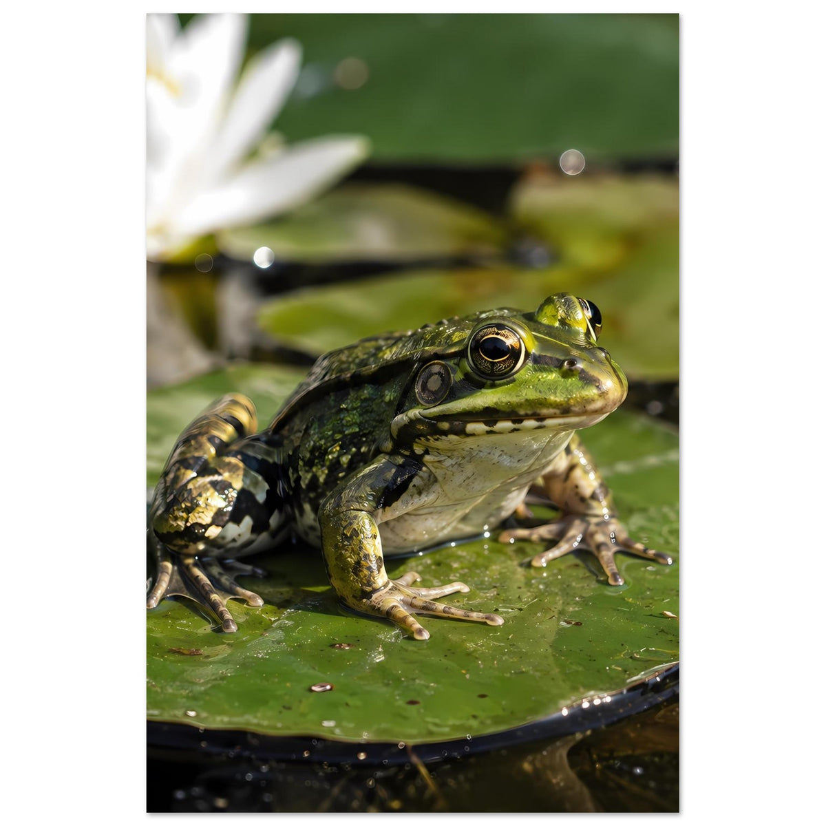 Poster im Hochformat: Frosch auf Seerosenblatt im Wasser, Gesicht und Vorderbeine sichtbar.