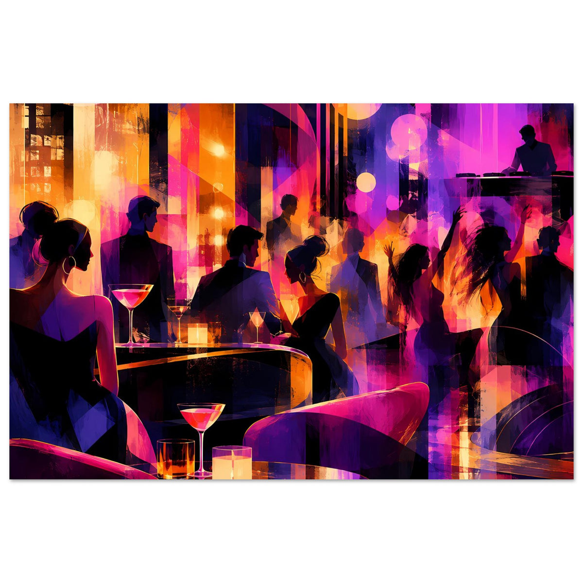 Nachtclub-Poster: Frauen und Männer vor Tresen, magenta und orange Licht, mehrere Cocktailgläser.