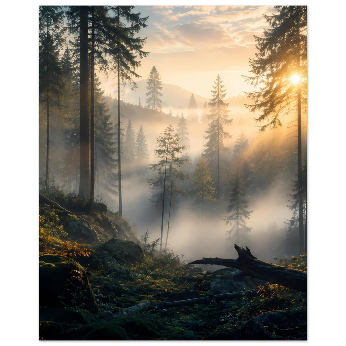 Waldposter im Hochformat mit Sonnenaufgang über Nadelwald, Nebel und Waldlichtung