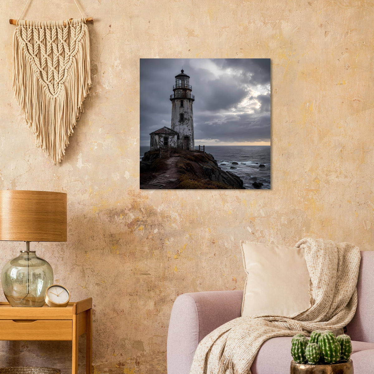 Leuchtturm-Poster: grauer Turm am Felsufer mit Meer und dunklen Wolken