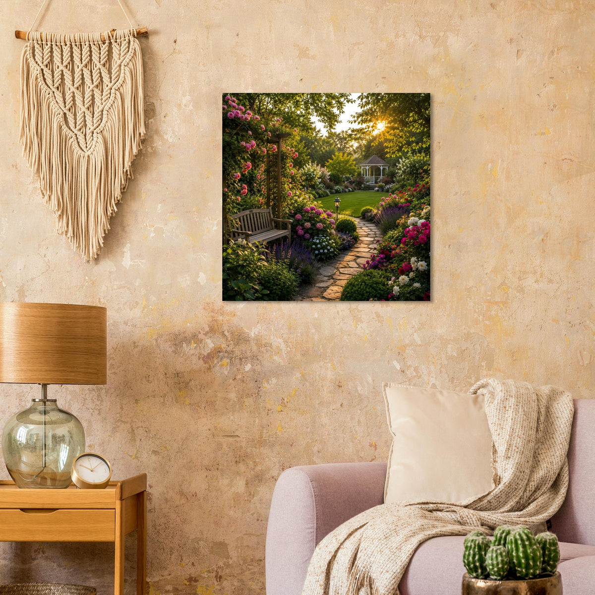 Quadratisches Gartenposter mit blühendem Weg, Gartenbänken und Sträuchern, schwarze Umrandung