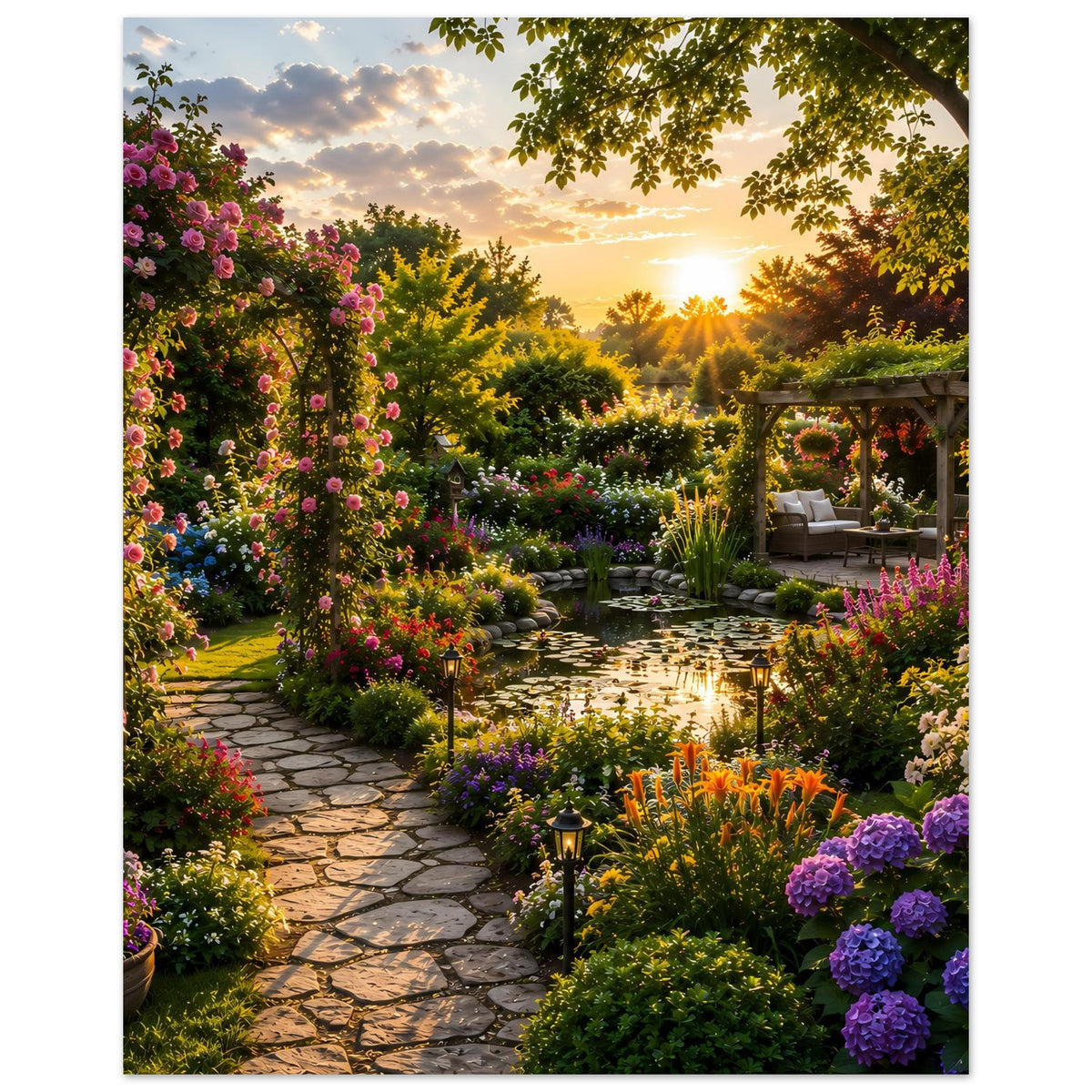 Gartenposter auf Premium-Mattpapier mit farbenfrohen Blüten, Steinweg und Sonnenaufgangsstimmung