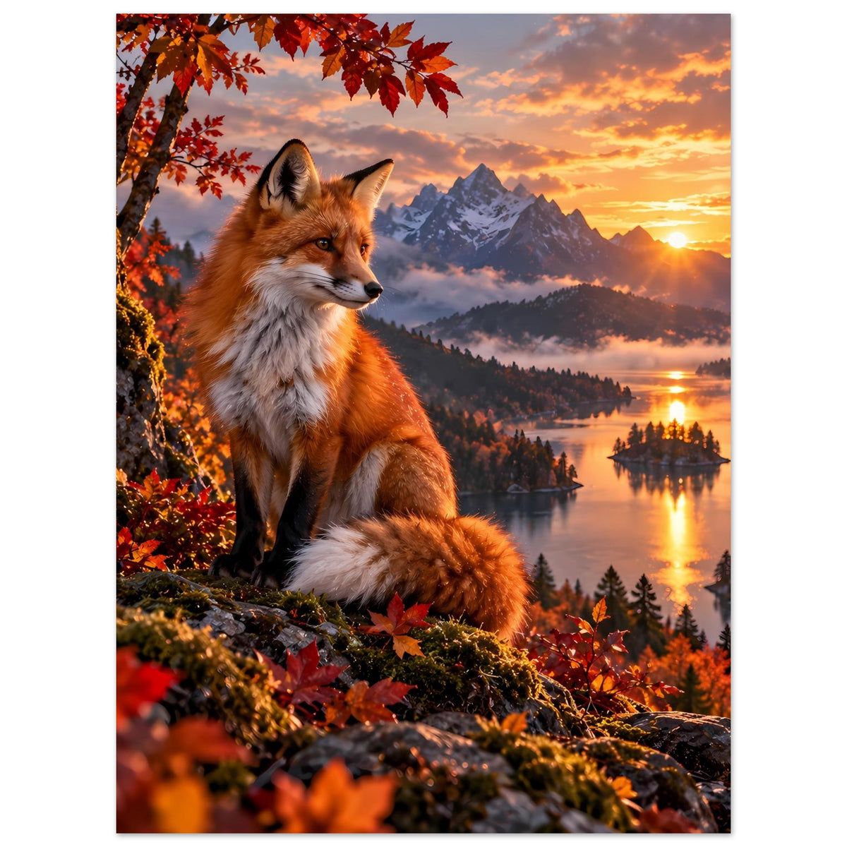 Poster mit Fuchs im Herbst: braunes Fell, orange Blätter und goldener Sonnenuntergang