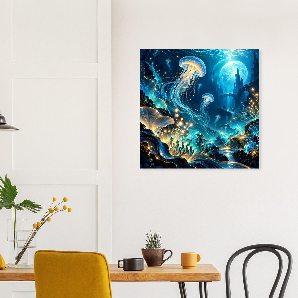 Quadratisches Unterwasserwelt-Poster: leuchtende Tiefsee mit Qualle und goldenen Korallen