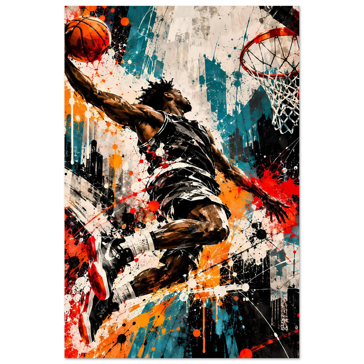 Basketball-Poster, hochformatig: Spieler hält den Ball, Korbnetz rechts, leuchtende Spritzer