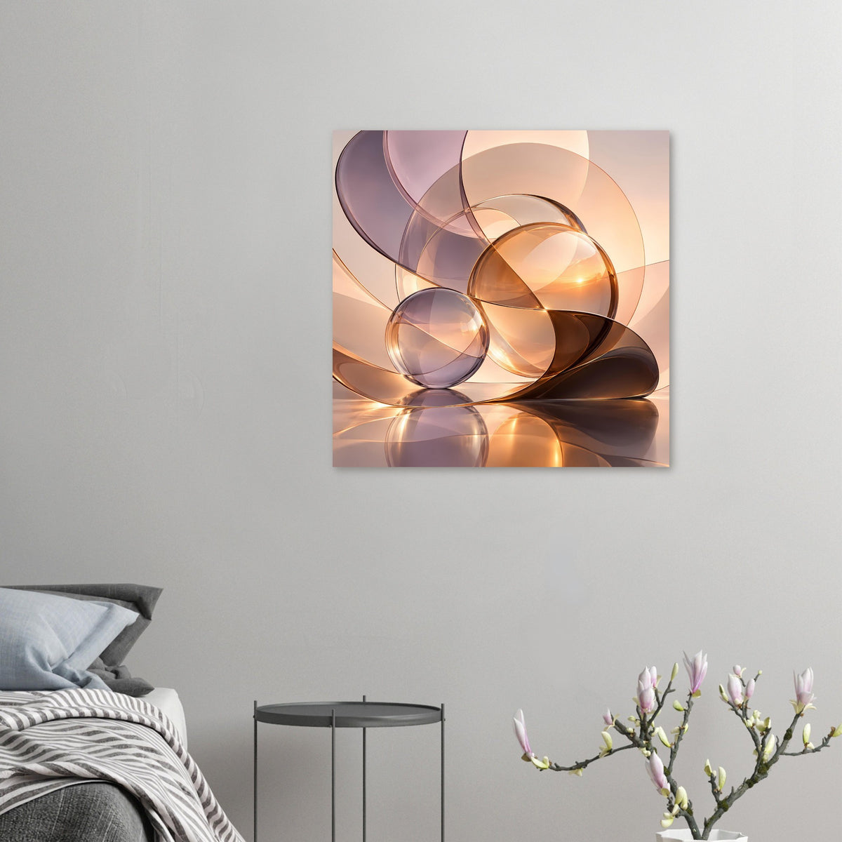 Abstrakter Kunstdruck mit warmen Glas-Sphären, goldener Großkugel und kleiner Kugel