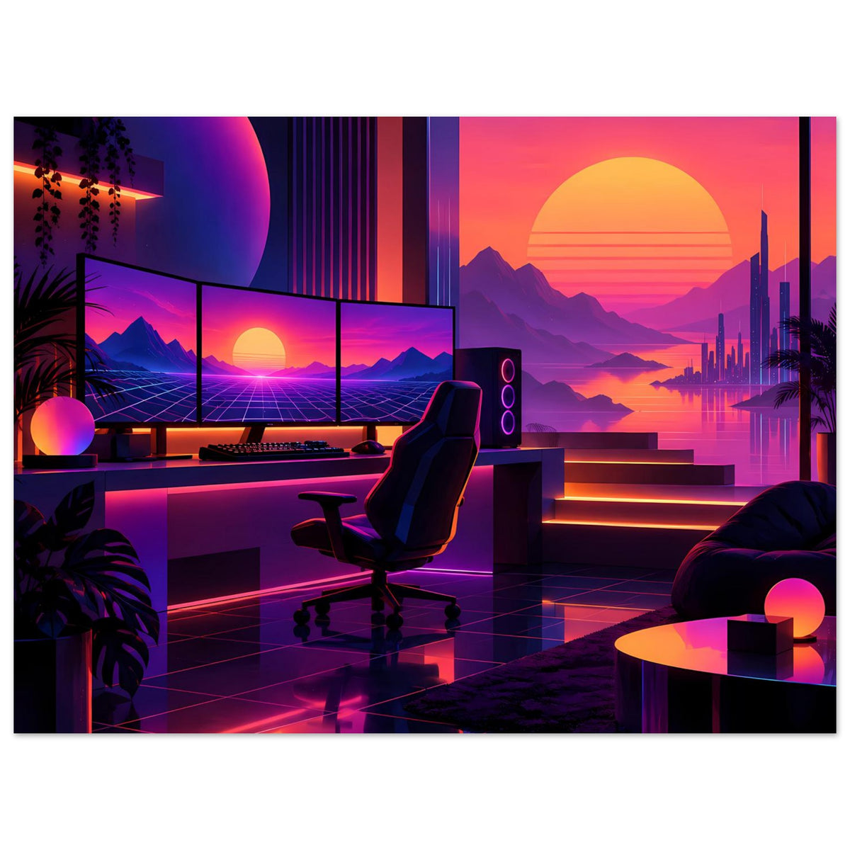 Neon-Retro-Poster mit futuristischem Raum, Neon-Sonne, Berge, Skyline und Spiegelungen