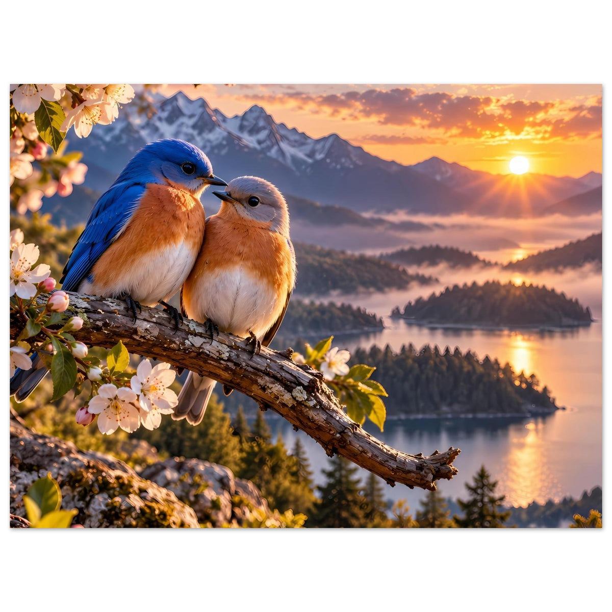 Poster mit zwei Vögeln auf Ast, Berge im Dunst und Sonnenuntergang über See