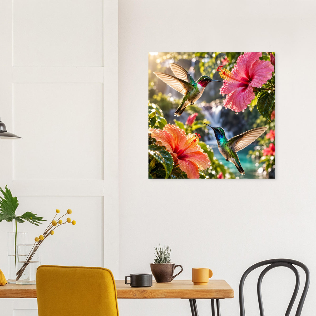 Quadratisches Poster mit Kolibris und Hibiskusblüten in kräftigen Farben