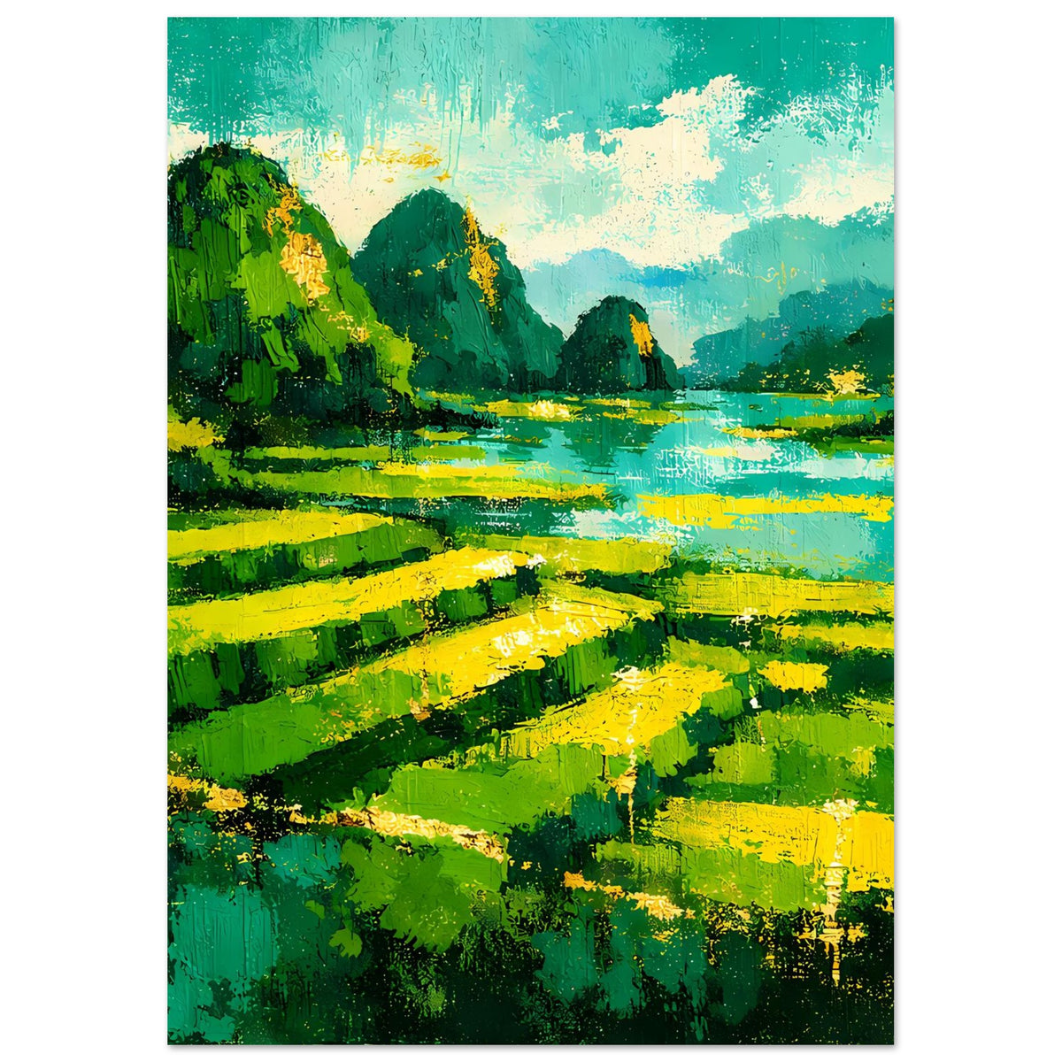 Landschaftsposter im Hochformat mit grünen Hügeln, gelben Details und blauem Fluss