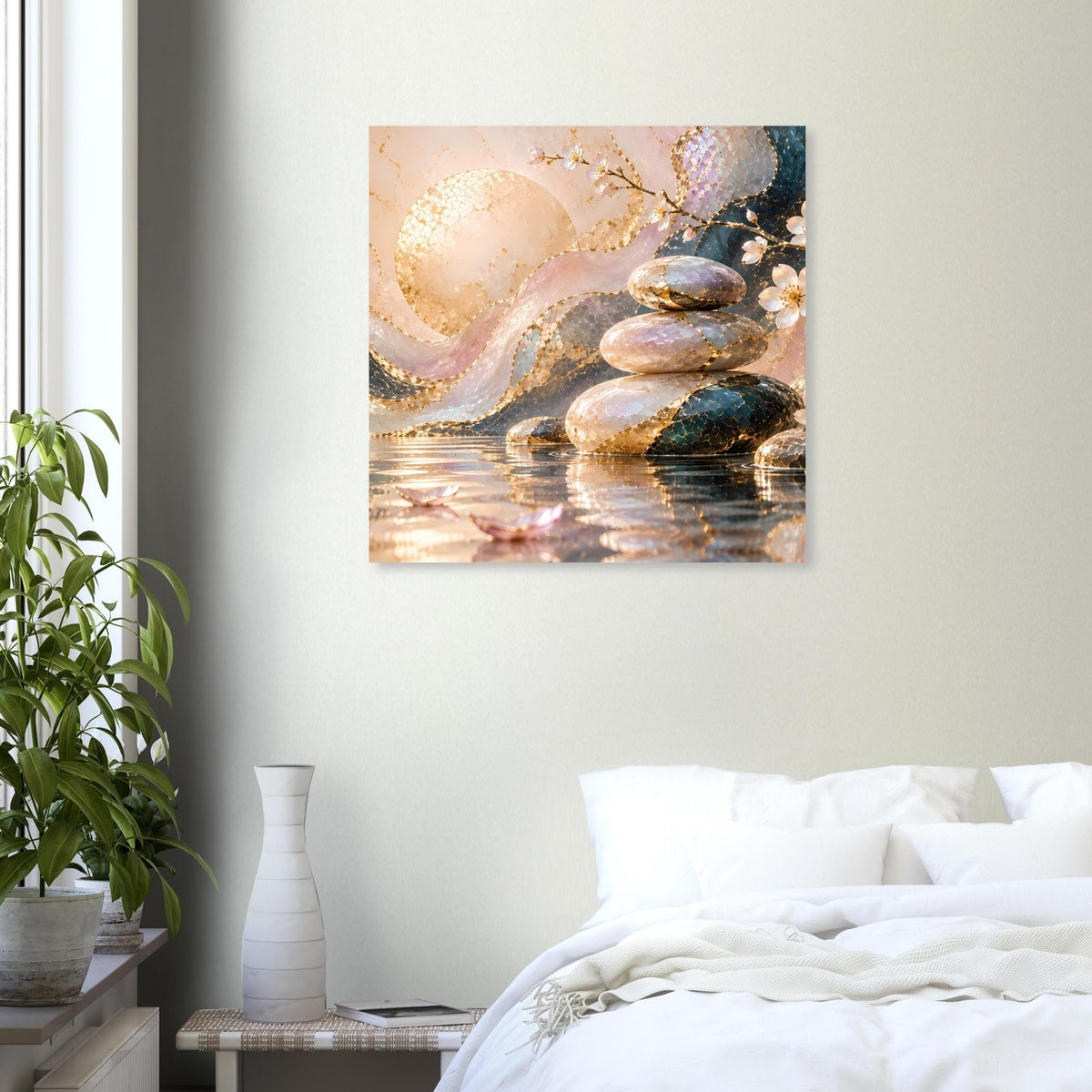 Kunstposter mit Goldakzenten, abstraktes Wasser- und Steinmotiv