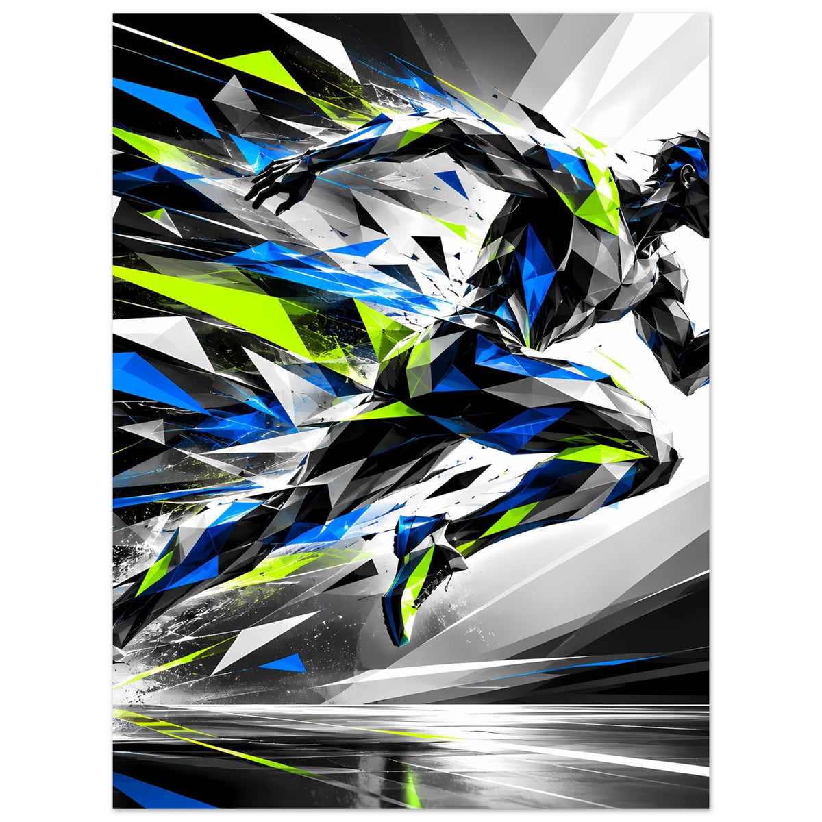 Laufkunst-Poster: abstrakter Läufer in Blau, Schwarz und Neon-Grün mit schnellen Lichtstreifen