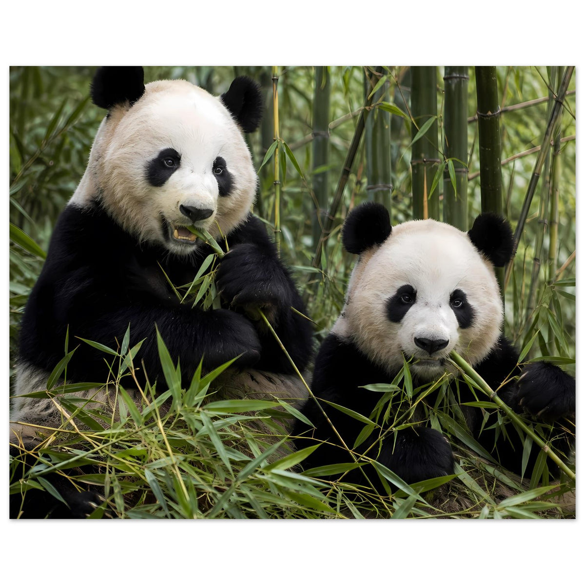 Panda-Duo-Poster: zwei Pandas im Bambus, Panda links mit Grashalm im Maul, Kopf sichtbar