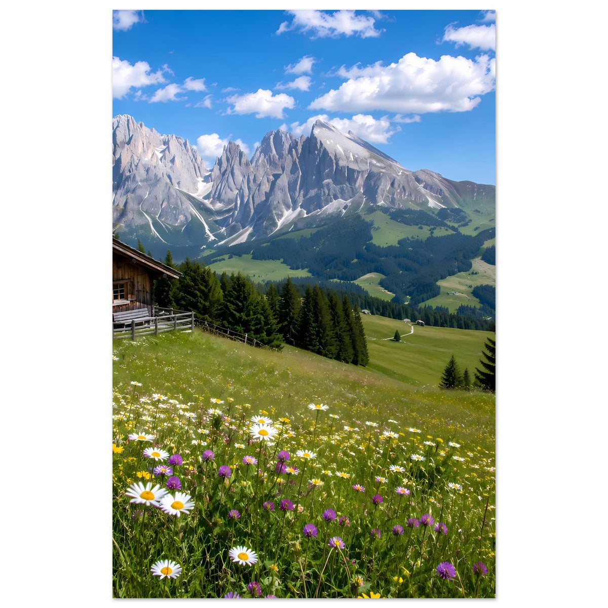 Landschaftsposter: Alpenberge über grünen Wiesen mit Blumen im Vordergrund