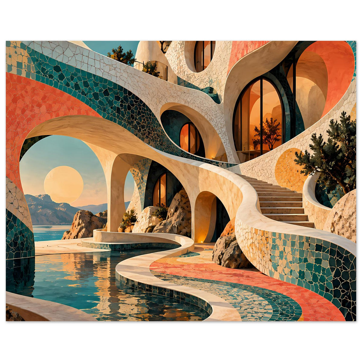Kunstposter: Mosaikbrücken und Rundbögen in Türkis und Koralle über ruhigem Wasser