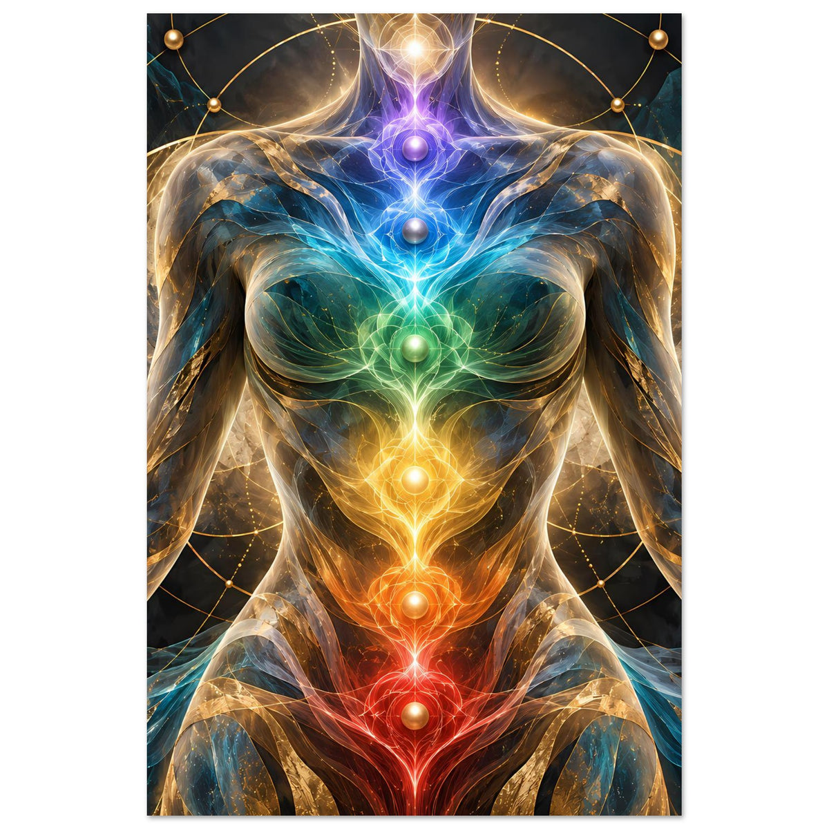 Energieposter im Hochformat: menschliche Silhouette mit leuchtendem Chakra-Knoten am Kopf