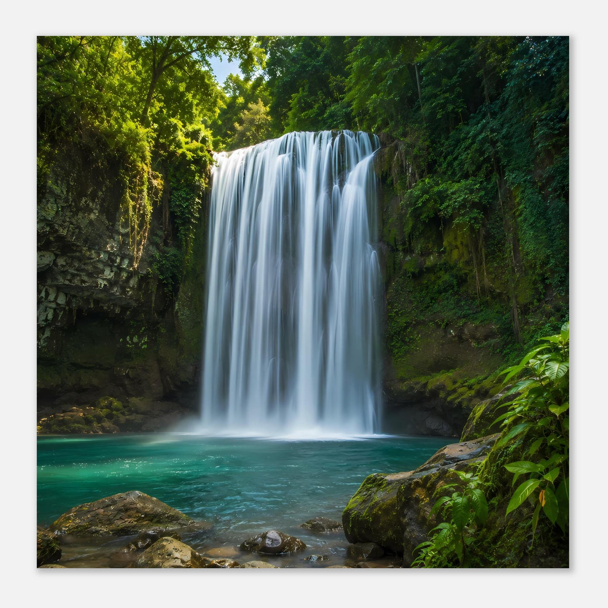 Poster mit Wasserfall, türkisgrüner Wasserfläche und grüner Vegetation, horizontal