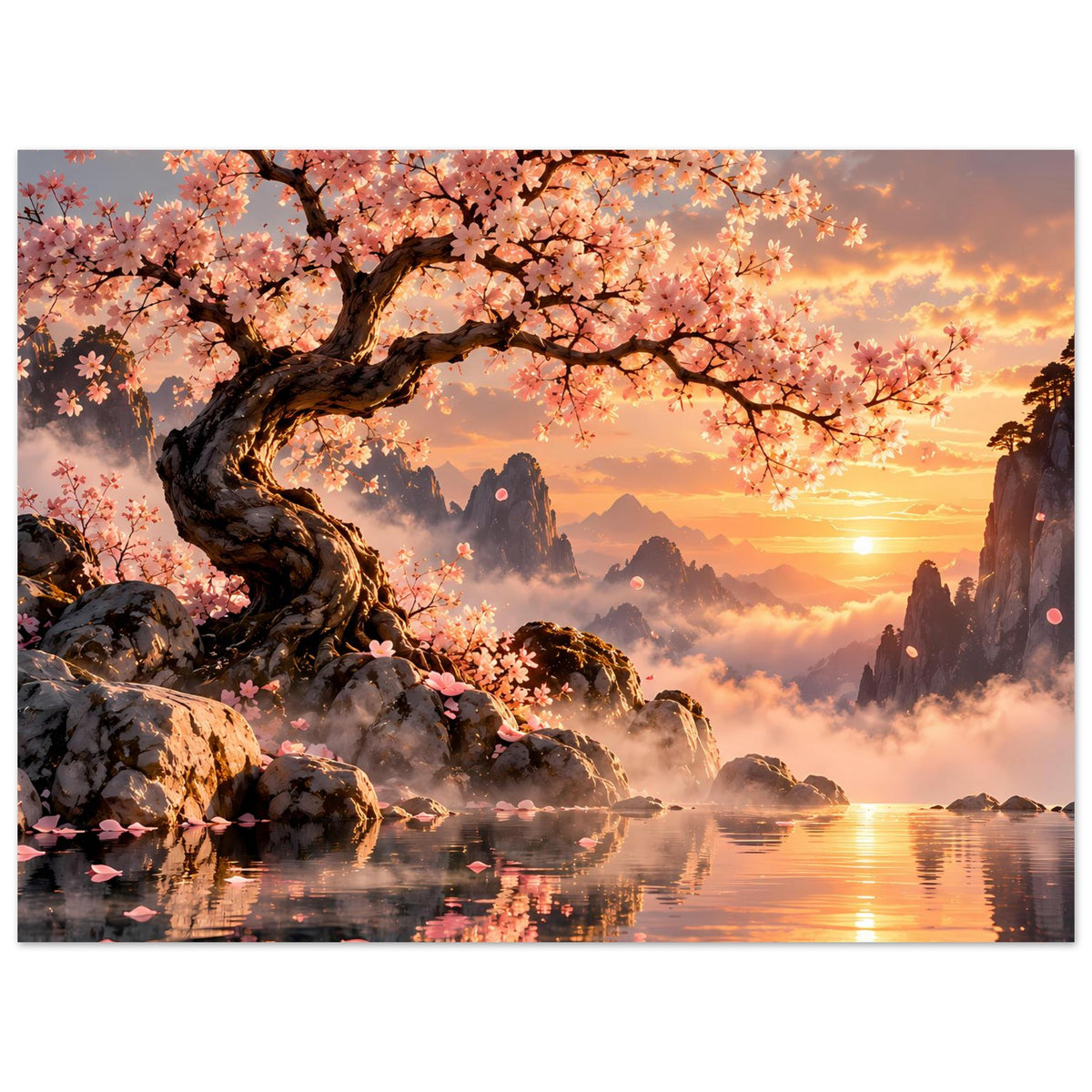 Poster mit Kirschbaum und rosa Blüten, dramatischer Felskulisse, Wasserreflexionen bei Sonnenuntergang