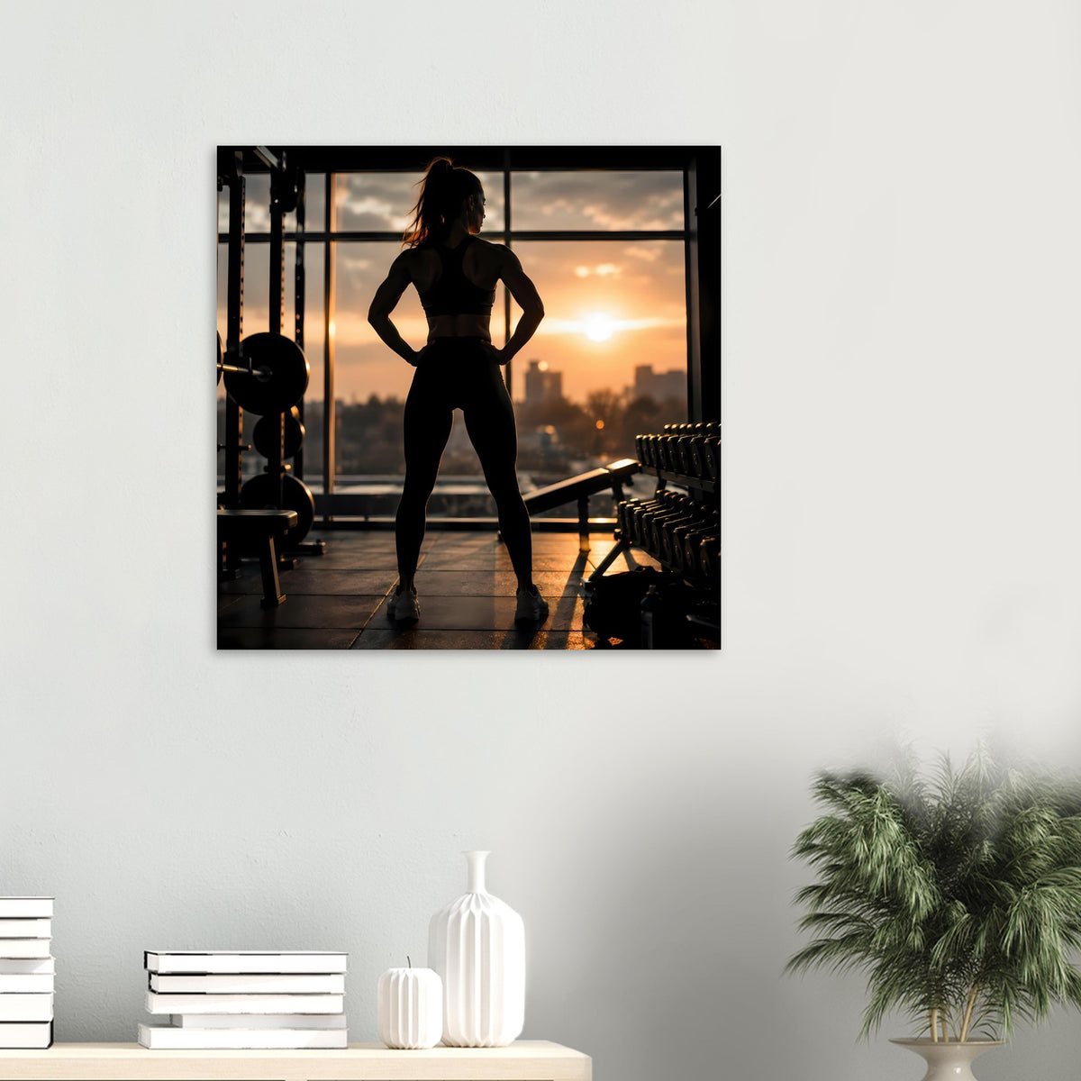 Fitness-Poster klein an der Wand: Frauensilhouette mit Händen an der Hüfte, Sonnenuntergang