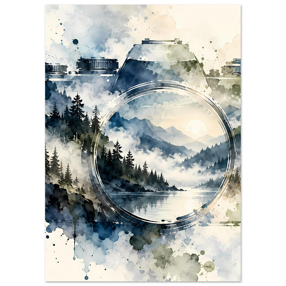 Aquarellposter mit Vintage-Kamera-Motiv: Berge und Nadelwald, See mit kreisförmiger Linse