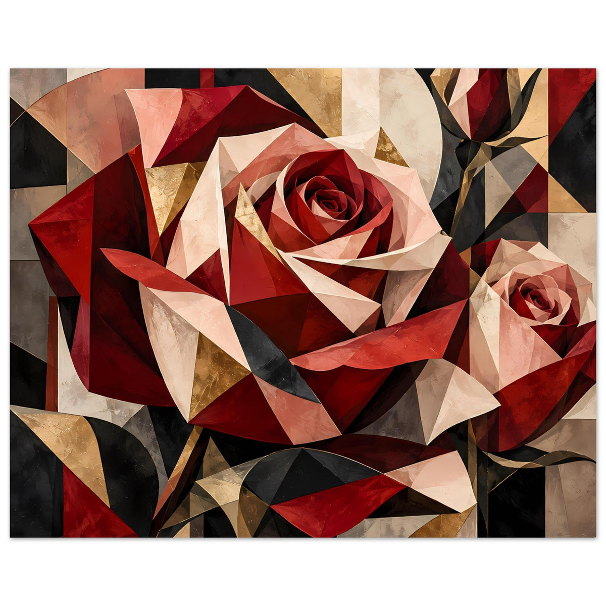 Blumenposter mit zentraler geometrischer Rot-Gold-Rose, beige, goldene und schwarze Flächen