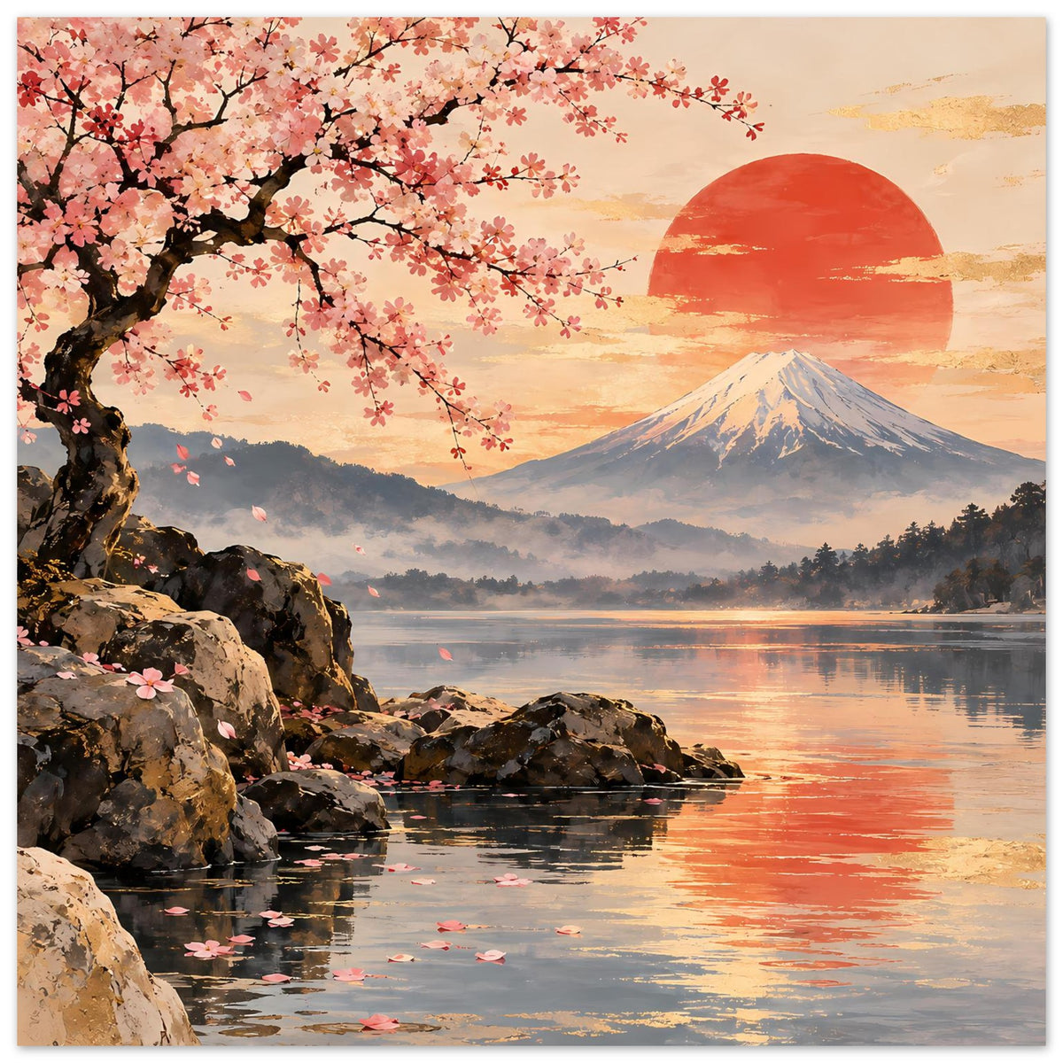 Poster mit Kirschblüten, Berg Fuji und roter Sonne über See; Felsen und Wasserreflexe