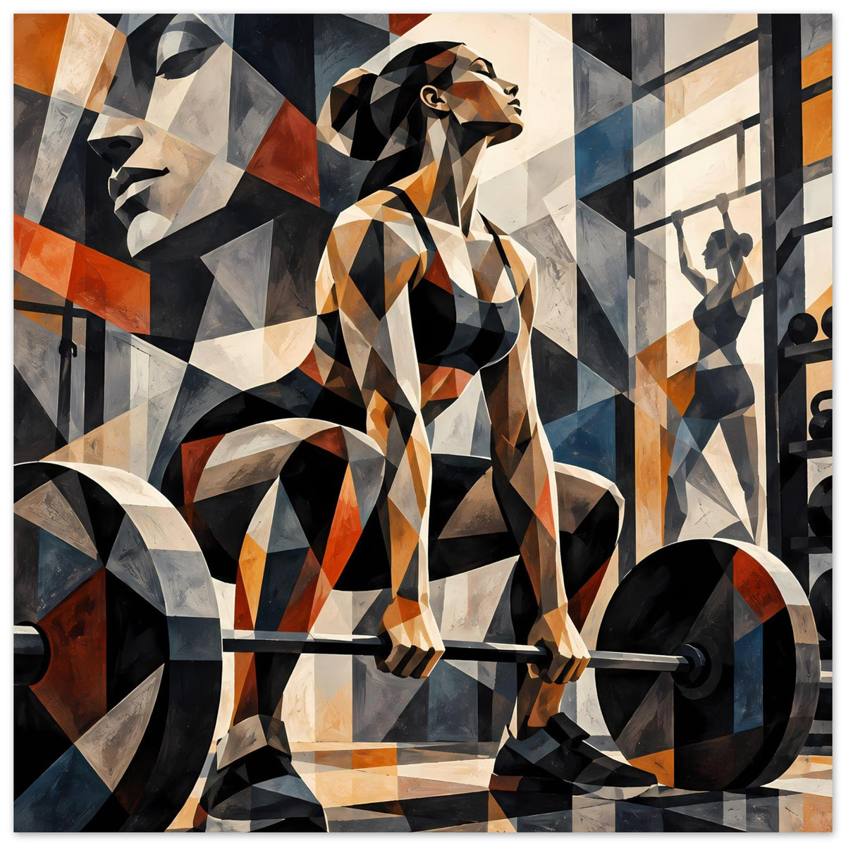 Gerahmtes Fitness-Poster: abstrakte Sportlerin, Hantelstange und seitliche Stangenmotive