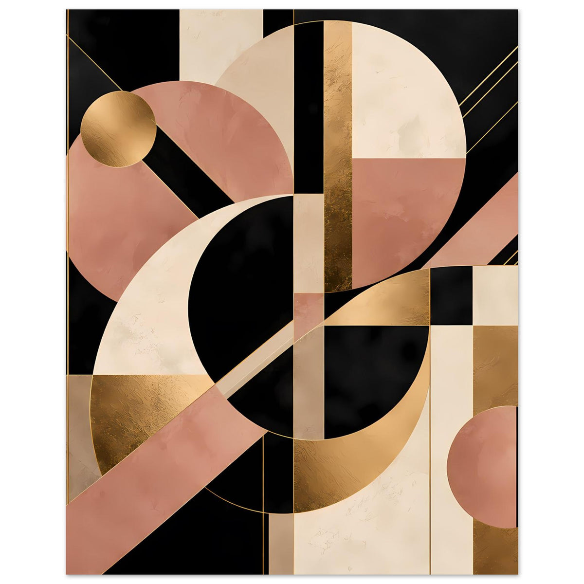 Abstraktes Art-Deco-Poster mit großen Halbkreisen und Goldakzenten in Schwarz und Blush, naher Ausschnitt