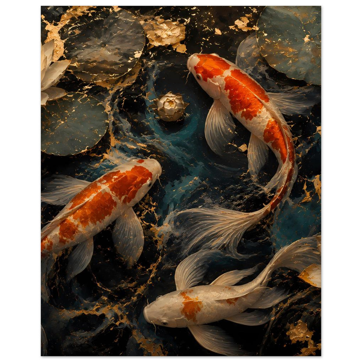 Kunstposter mit Koi-Teichszene, große orangefarbene Koi und graue Fische mit Schuppen