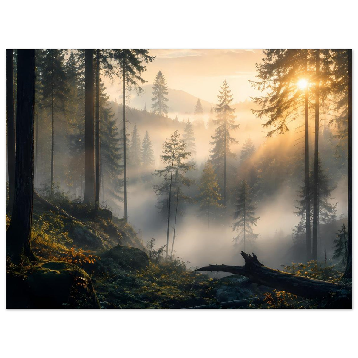 Wandposter Wald bei Sonnenaufgang mit Nebel, hohen Fichten und hellem Sonnenstrahl