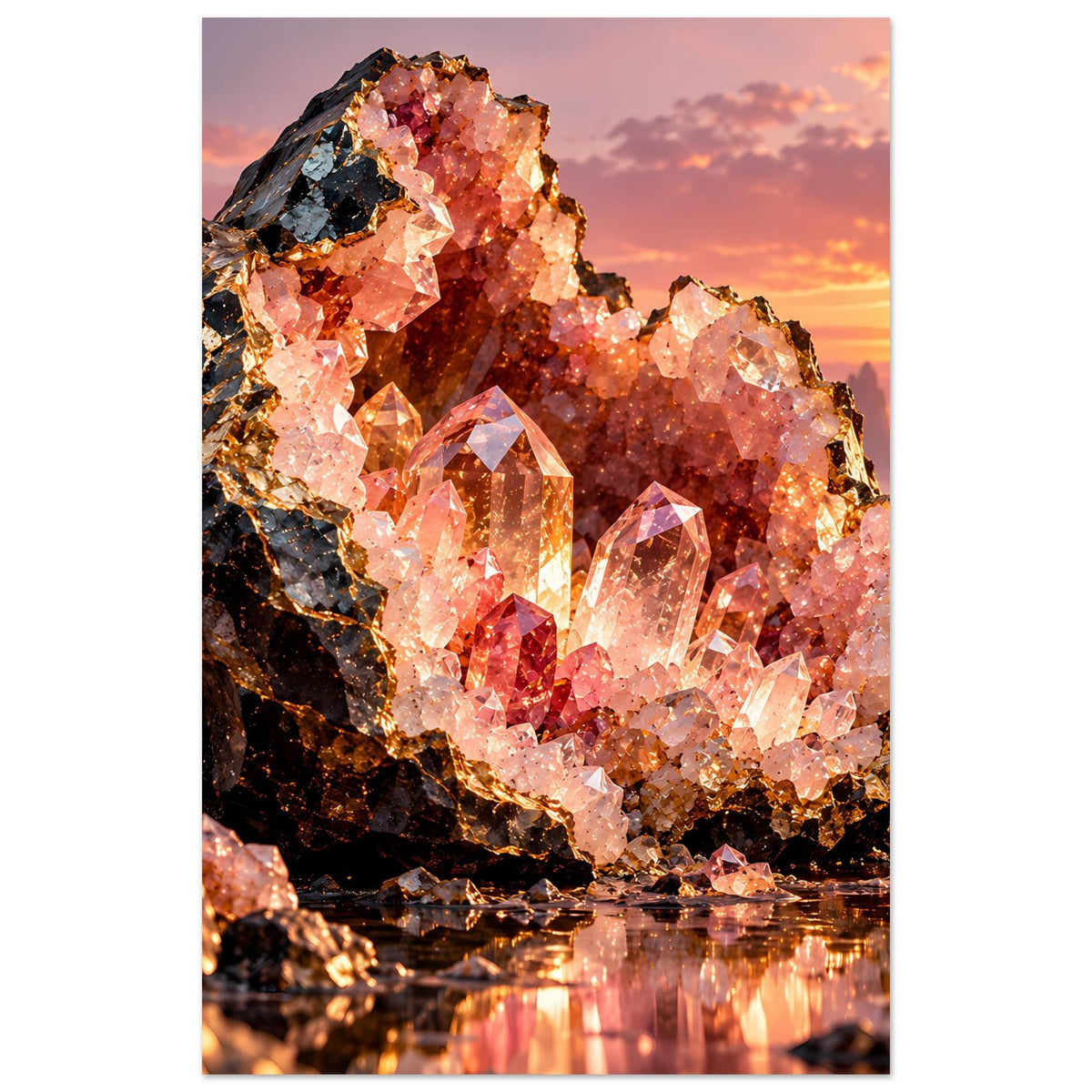 Poster im Hochformat mit Kristallgeode aus rosa und dunkelgrauen Steinsplittern, weißer Rand