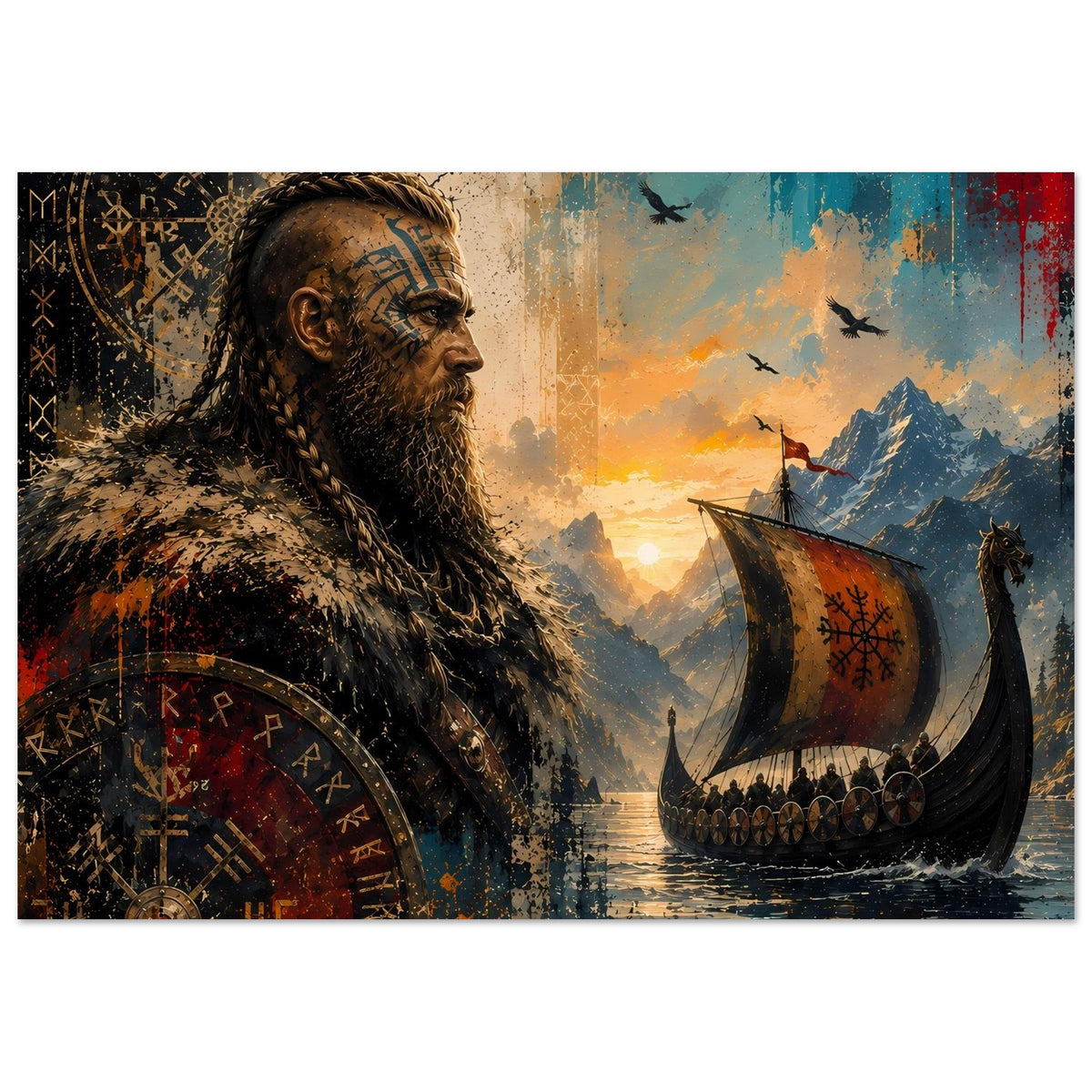 Nordisches Saga-Poster: Wikingerkrieger links, Langschiff rechts, Runenmuster auf dem Schiff