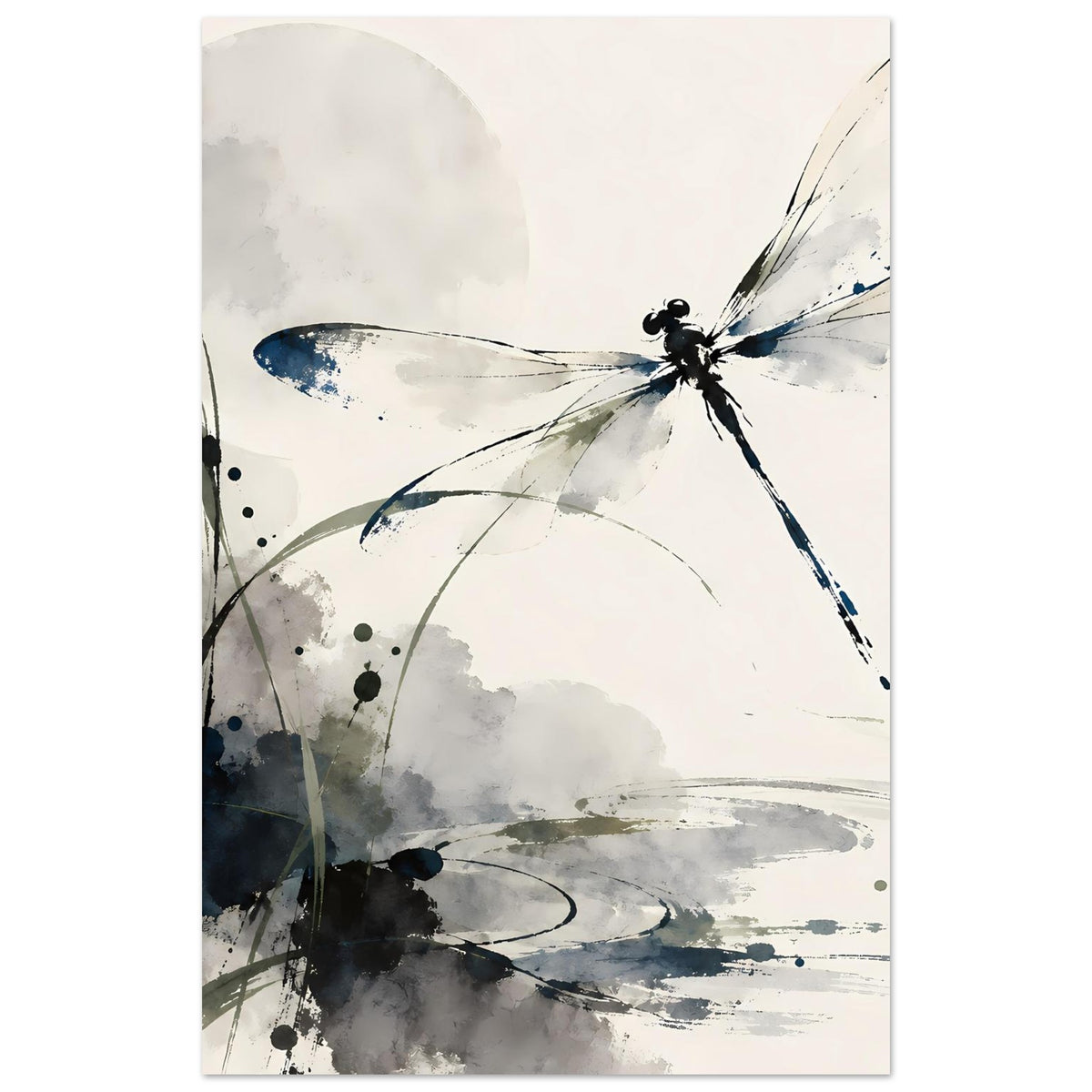 Vertikales Aquarell-Poster mit Libelle in Blau, graue Spritzer und runde Farbflecken