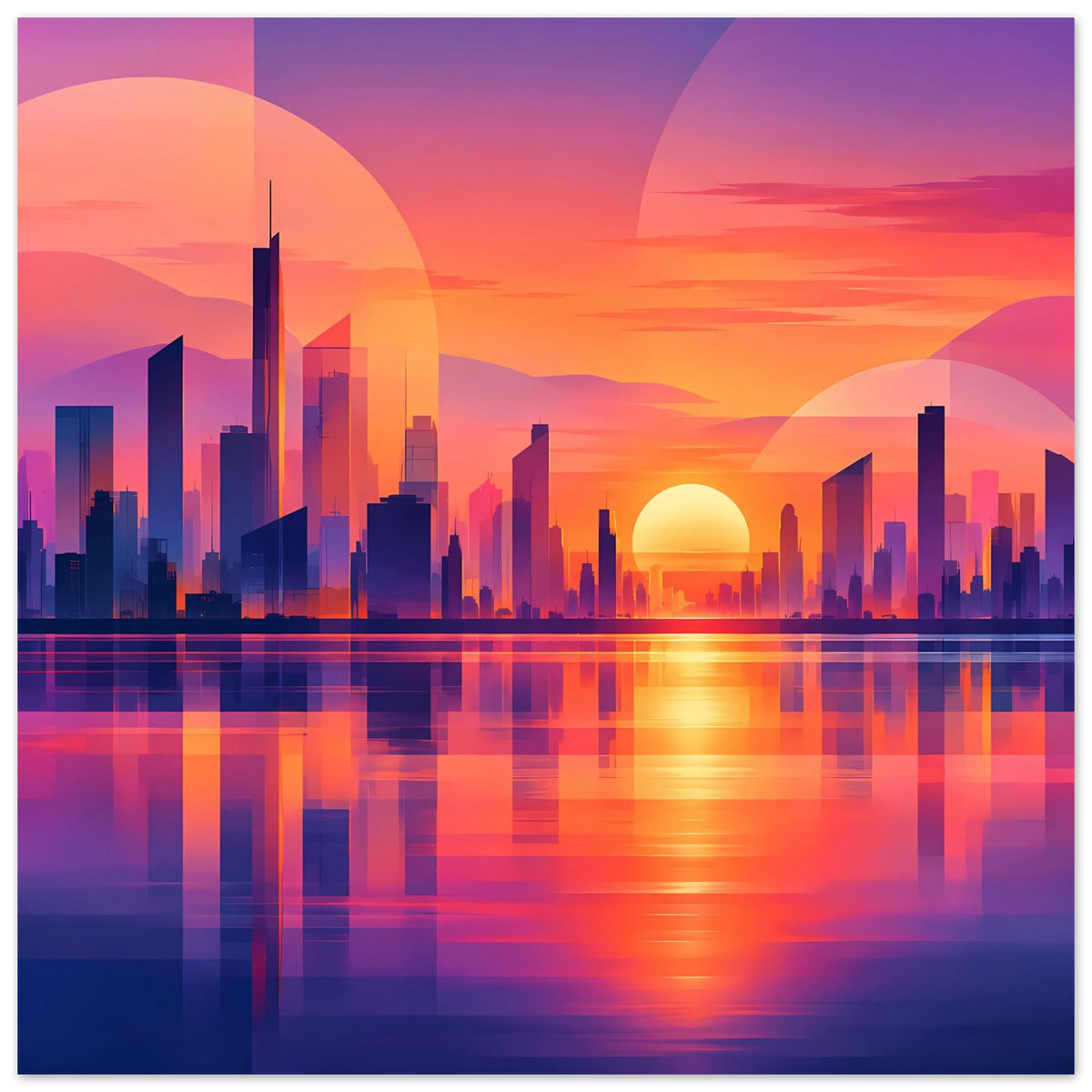 Horizontales Stadtposter mit leuchtender Skyline, Sonnenuntergang und farbigen Spiegelungen