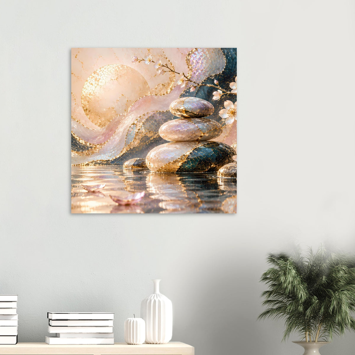 Kunstposter mit Goldakzenten, abstrakte Steine und spiegelndes Wasser
