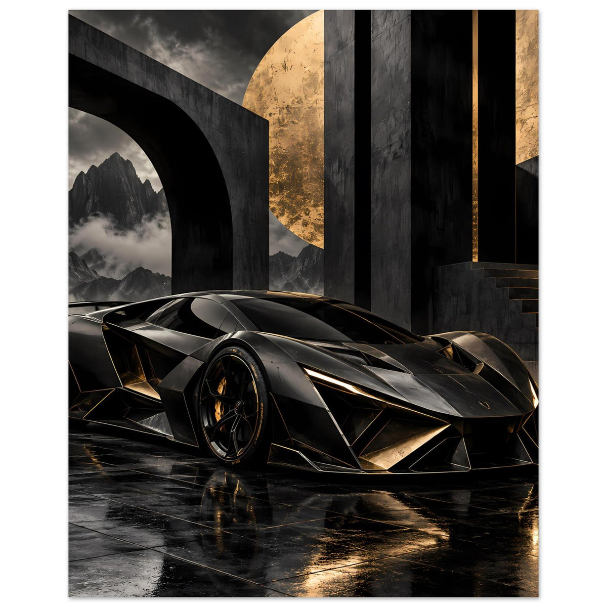 Futuristisches Supersportwagen-Poster: schwarzes Hypercar mit goldenen Details, versetzter 3/4