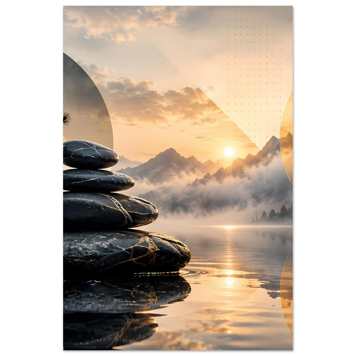 Poster im Hochformat: Stein-Stapel, Bergsonne über Nebelmeer, goldene Halbkreise