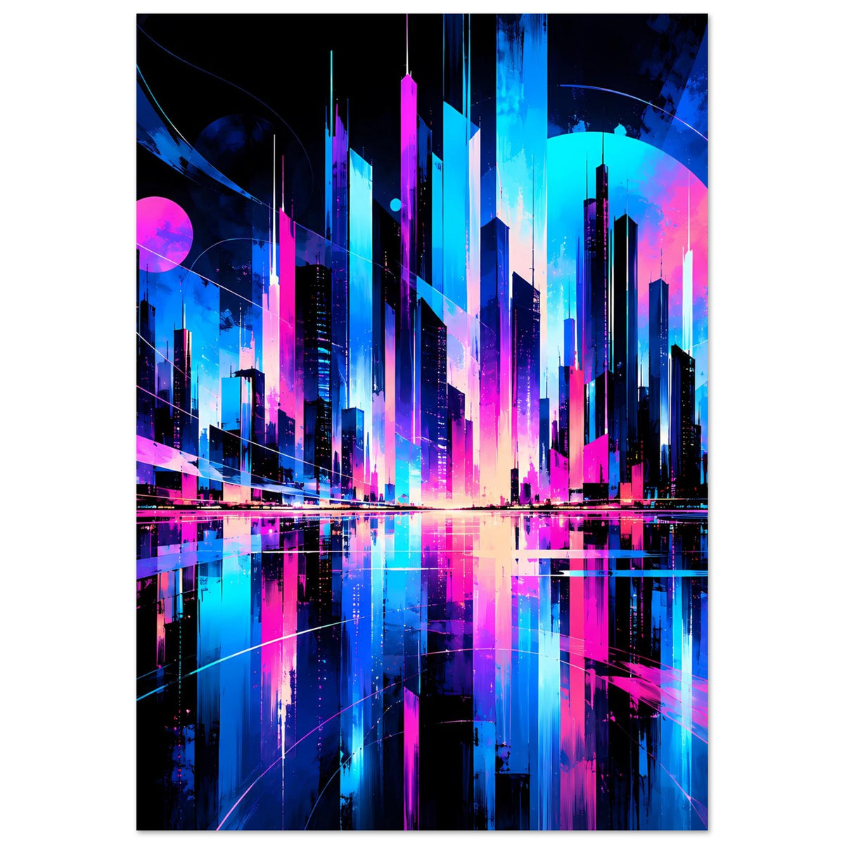 Neon-Stadtbild Poster mit hoher Skyline, Blau- und Pinkverläufen, reflektierender Oberfläche