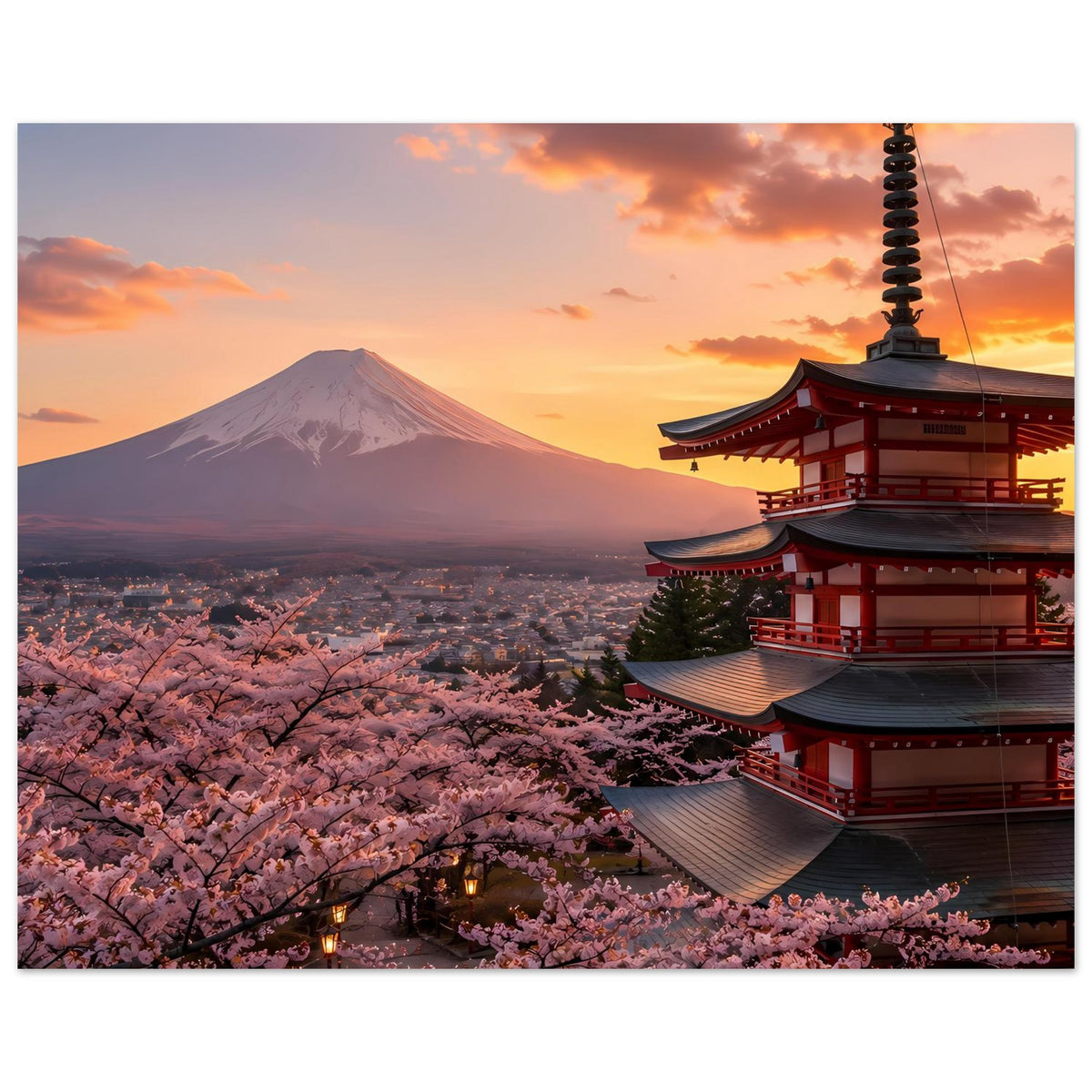 Vertikales japanisches Poster mit Kirschblüten, Berg Fuji und Pagode, weit sichtbare Landschaft