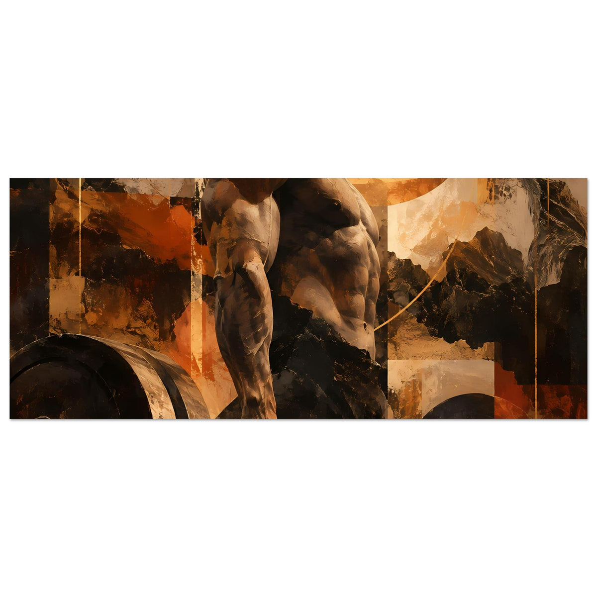 Horizontales Fitness-Artposter mit muskulösem Hund und Schwert, warmes Erdton-Design