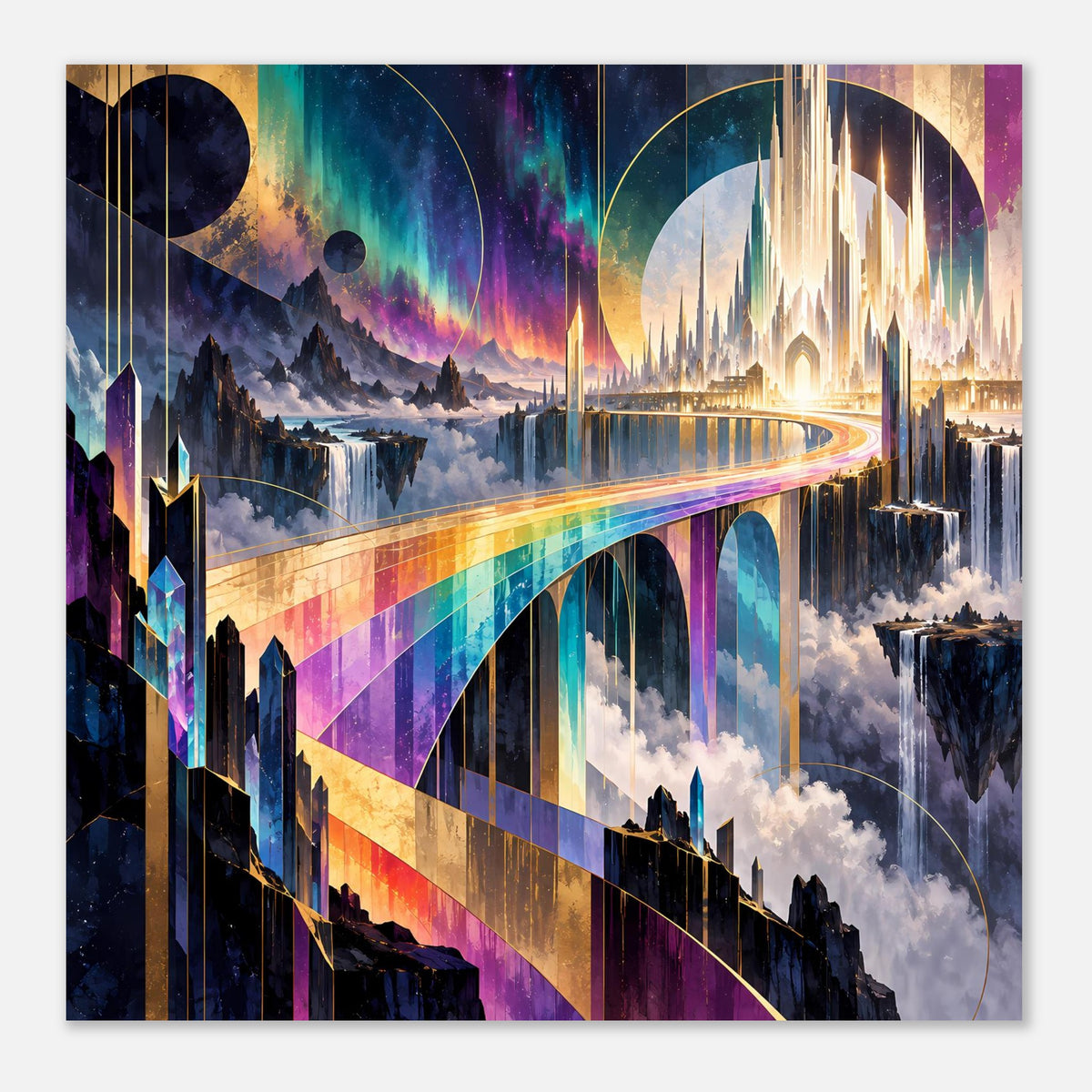 Poster mit Regenbogenbrücke, violetten Bögen und leuchtenden Türmen in buntem Himmel