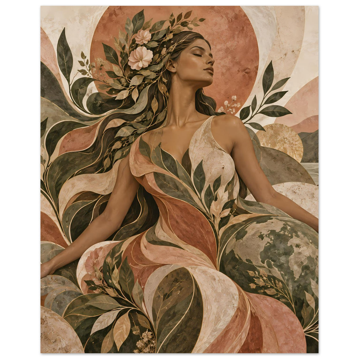 Naturverbundenes Kunst-Poster (Hochformat) mit botanischer Frauengestalt in Erdtönen