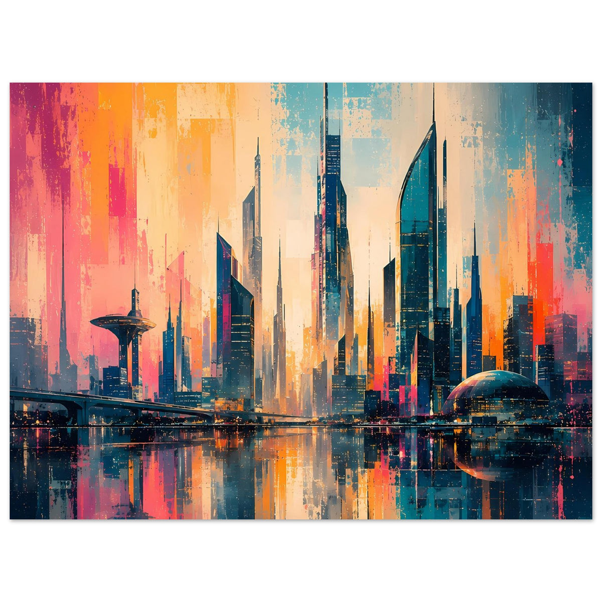 Horizontales Stadtpanorama-Poster: futuristische Türme, orange-blaue Himmelstöne, Spiegelung