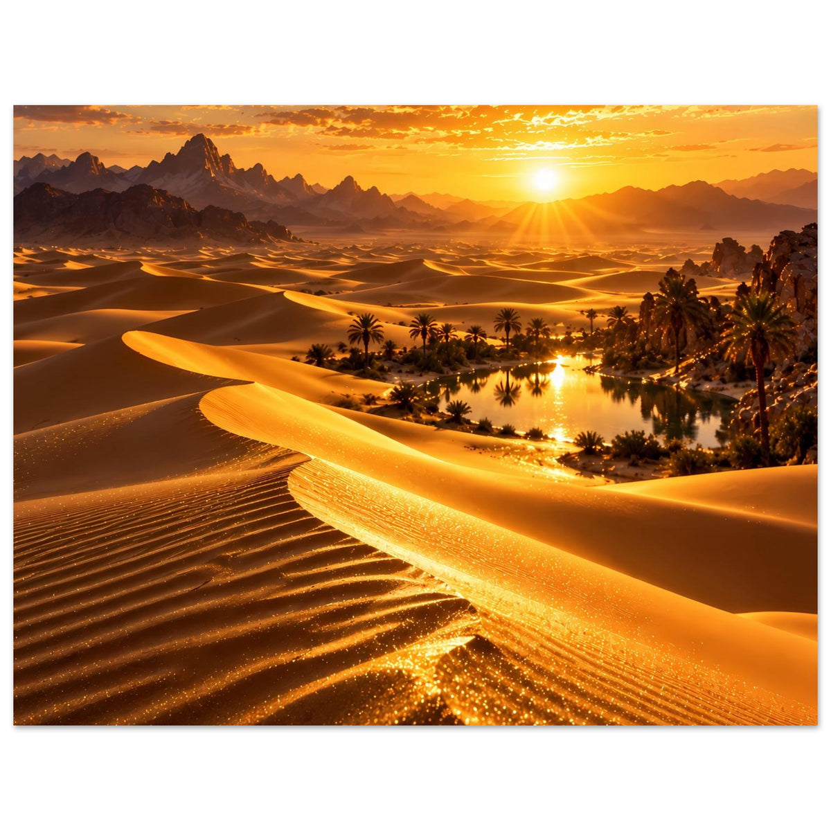 Wüstenlandschaft-Poster: Sanddünen und Oase mit Palmen bei goldenem Sonnenuntergang (Querformat)