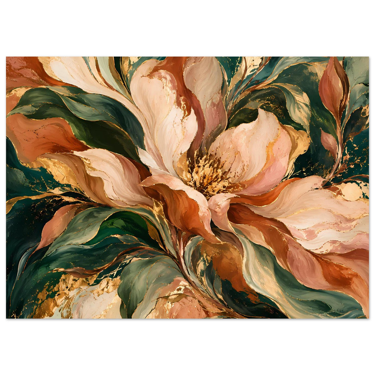 Panorama-Blumenposter mit Pfingstrosen in Creme, Grün und Terrakotta, abstrakte Pinselstriche