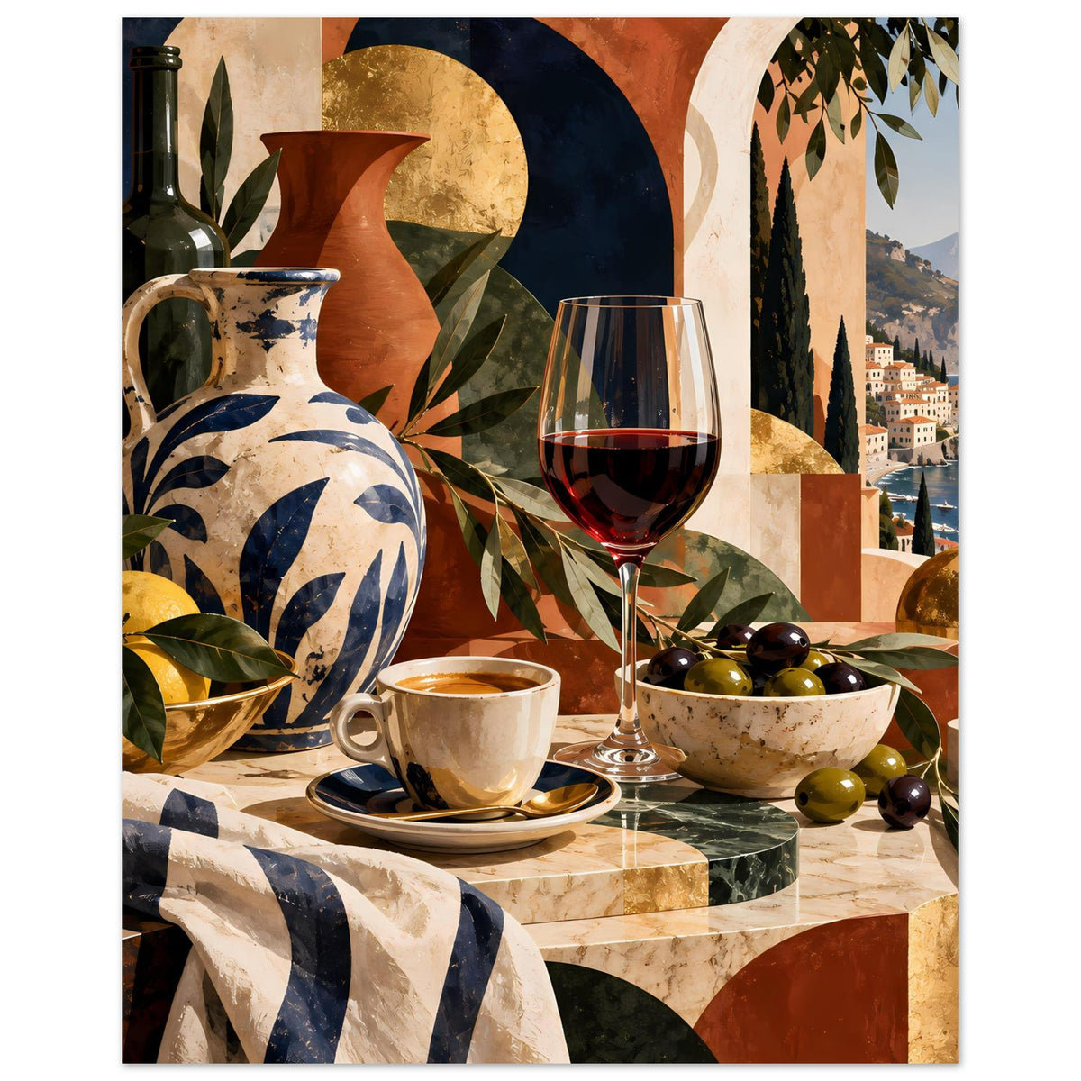 Mediterranes Poster mit Küstenlandschaft, Weinglas, Vase und Olivenschale