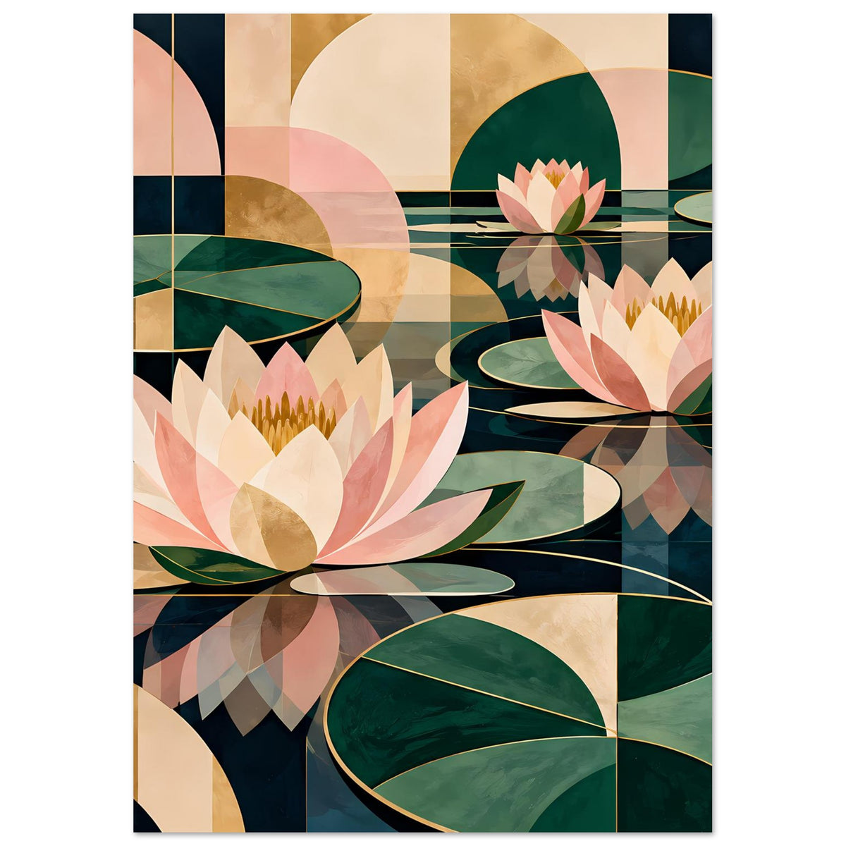 Lotus-Grafikposter, zentraler Blütenkelch und Blätter in Grün-Rosa-Pastelltönen