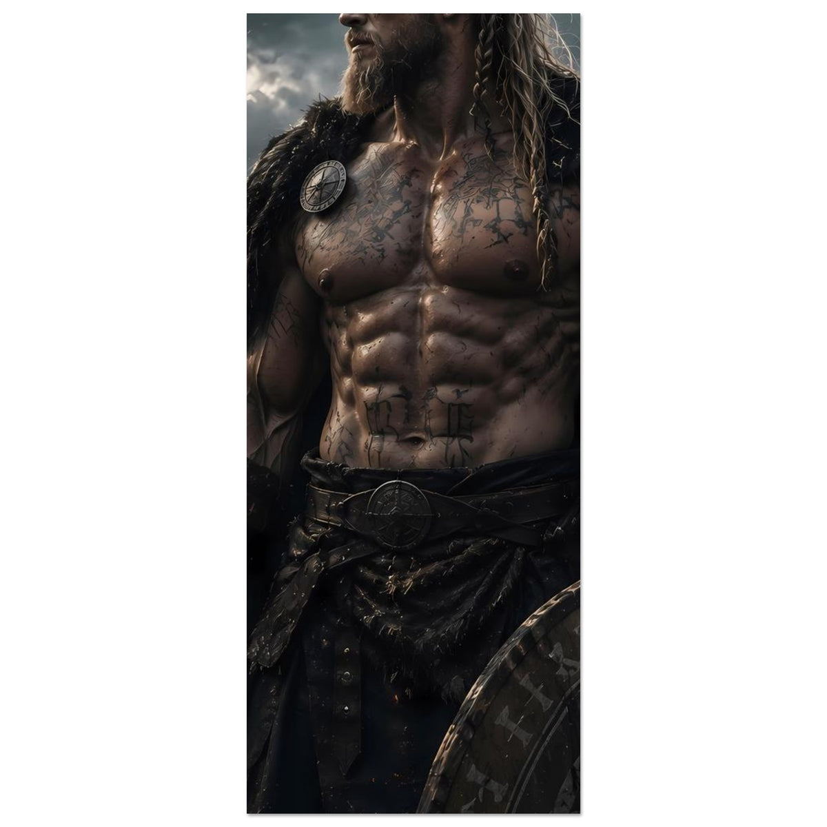 Fantasy-Poster (Ausschnitt): tätowierter Wikingerkrieger mit rundem Schild