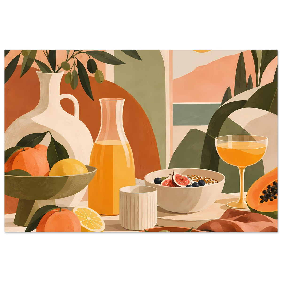 Still-Life-Poster mit orangefarbenem Weinglas, Vase, Obstteller, Kaffeebecher und Blättern